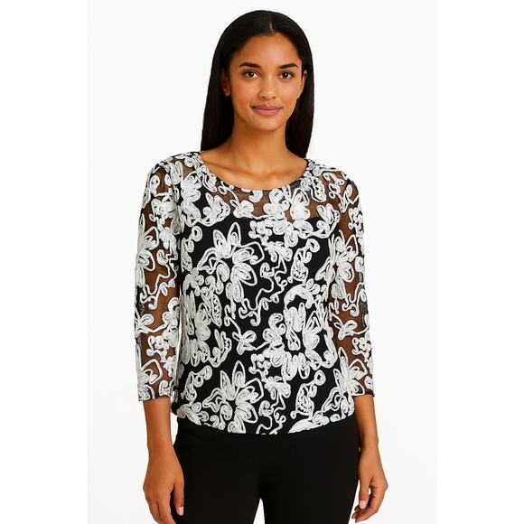 Alex Evenings Illusion Crew Neck 3/4 Sleeve Embroidered Floral Lace Top‎ Size S - Picture 1 of 5